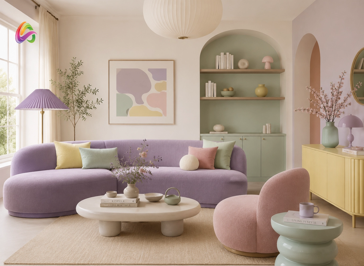 Các sắc tím, hồng, xanh pastel tương phản tạo cảm giác tươi mới, thư thái